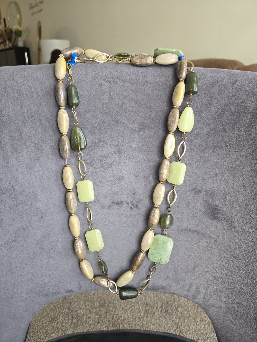 Vtg 2pc Lot Gold Chain Necklace Green Olive Beige Marbled Beaded Boho Set